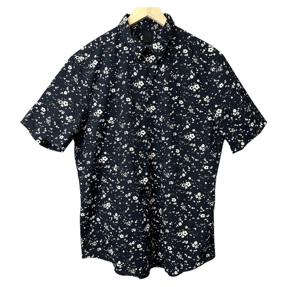 H&M Slim Fit Button Down Navy Floral Short Sleeve Size XL